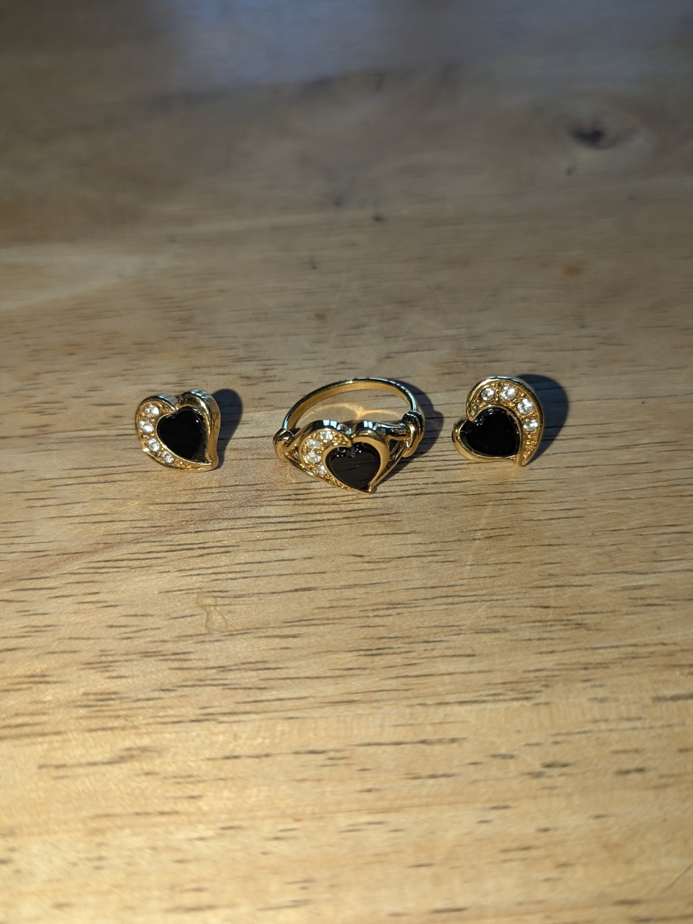 Gold Heart Ring and Earring Set with Black Enamel and Crystal Accents